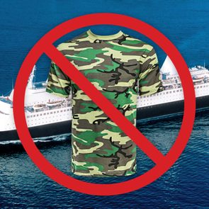 Camouflage shirt is crossed out with red, set against a backdrop of a cruise ship on the ocean.
