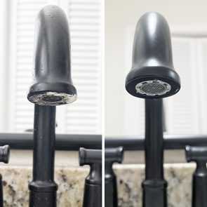 Faucet spout with mineral buildup, then cleaned, on a granite countertop with white blinds in the background.