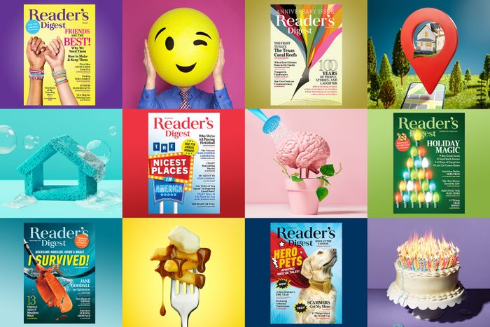 Magazines arranged in a grid, featuring various colorful covers with themes like friendship, celebration, and hero pets, surrounded by playful, vibrant backgrounds.