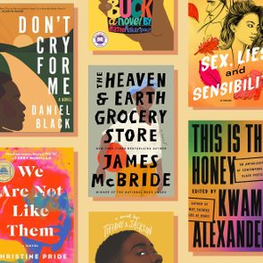 Book covers arranged on a beige background. Titles include 