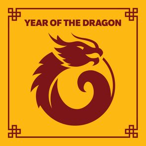 Dragon silhouette curls prominently, framed within decorative borders, with 