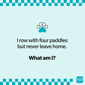 Text displays a riddle with a paw print: 