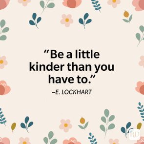 Text displays E. Lockhart's quote on kindness, surrounded by pastel floral illustrations on a light background.