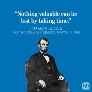 Abraham Lincoln sits in a chair against a blue background, with his quote on taking time displayed above.