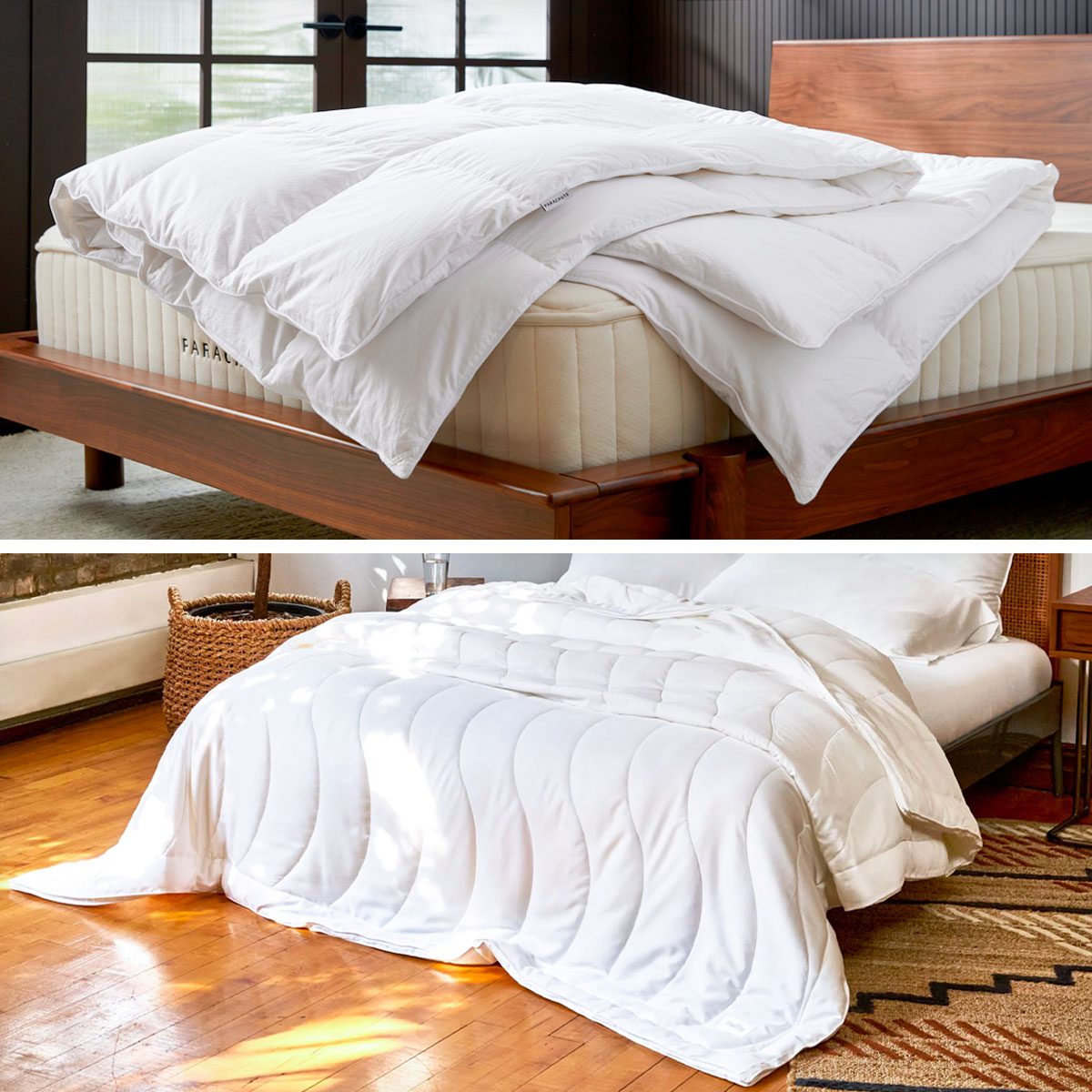 Bedding sits neatly atop two wooden beds, one with window backdrop, the other in a warmly lit room featuring a woven basket and patterned rug.