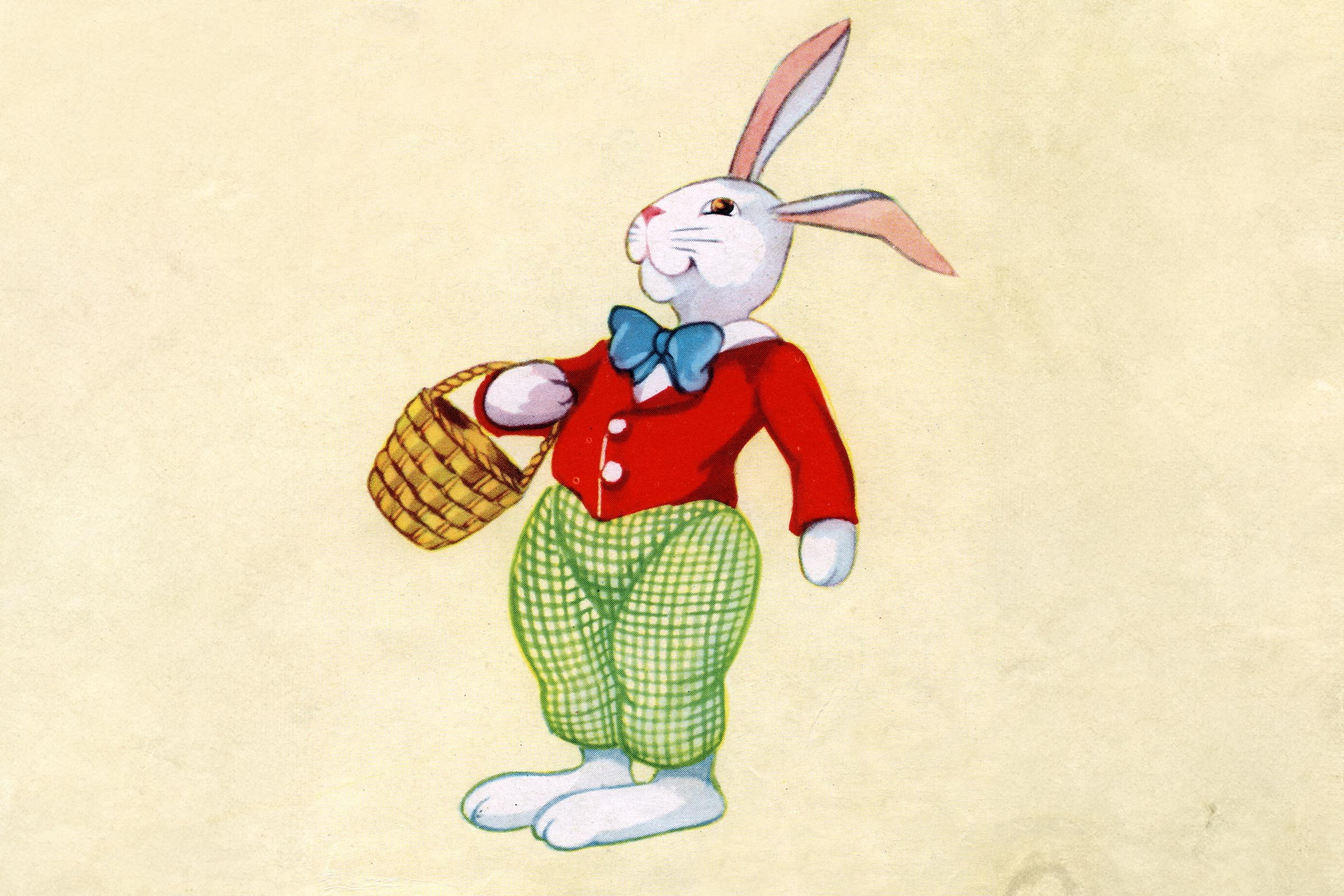A rabbit dressed in a red jacket and green pants holds a wicker basket, set against a plain background.