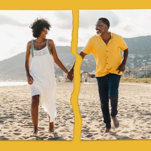 Two people hold hands and walk joyfully on a sandy beach, with mountains and buildings in the background. Image appears torn and placed on a yellow backdrop.