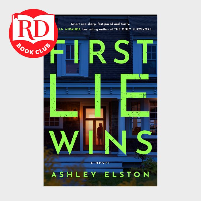 Book cover shows a house entrance with a silhouette through lit doors. Title reads 