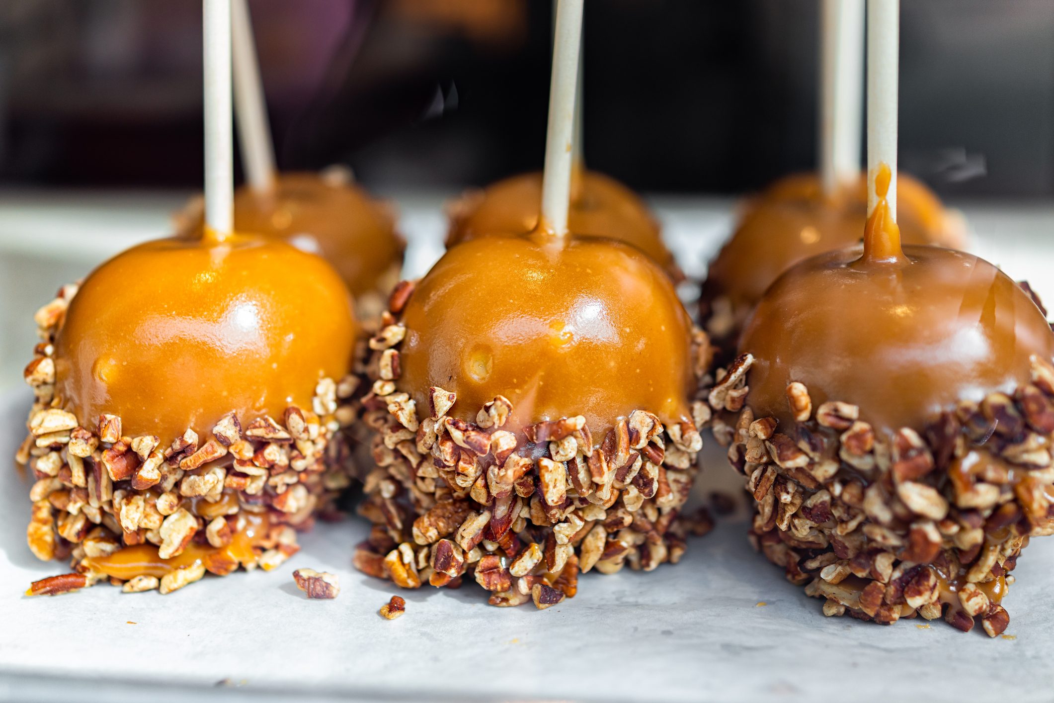 Caramel caramelized apples with pecan nuts on sticks sweet candied food dessert on retail display in candy store shop cafe in Key West, Florida