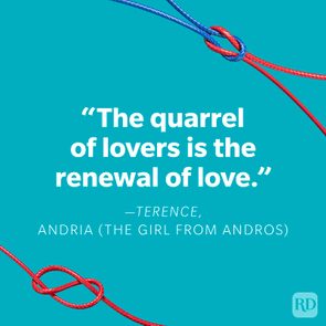 Two intertwined ropes rest against a blue background with a quote about lovers' quarrels and renewal of love, attributed to Terence.