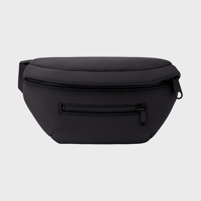 A black waist bag features two zippered compartments and is displayed against a plain gray background.
