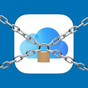 Cloud icon secured with crossed chains and a padlock against a blue background.