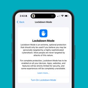 Phone screen displays Lockdown Mode description, urging use for sophisticated cyberattack protection. Options include learning more and turning on the mode.