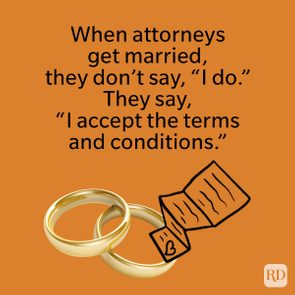 Two gold rings lie on an orange background, alongside text humorously comparing marriage vows to legal terms and conditions acceptance.