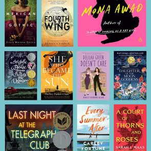 Nine book covers displayed; each showcases titles and authors in diverse styles, featuring various designs and colors, arranged in a grid against a teal background.
