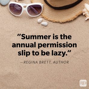 Sunglasses rest on sandy beach with straw hat and shells, text reads: 