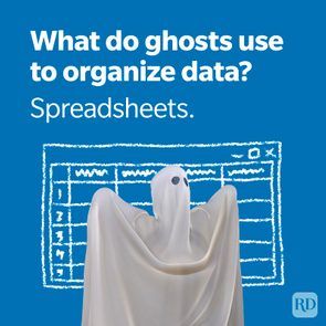 A ghost stands in front of a chalkboard-like spreadsheet drawing; text above reads, 