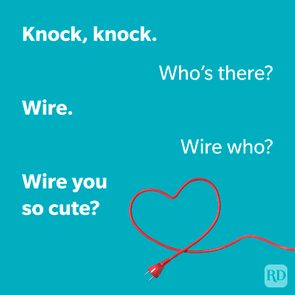 A red electrical cord forms a heart shape on a turquoise background, accompanied by a playful knock-knock joke.
