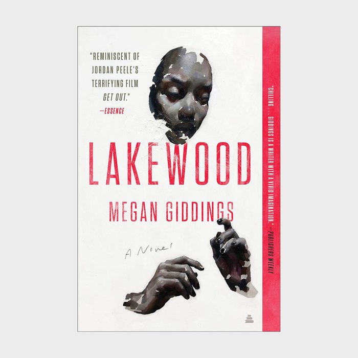 Book cover shows disembodied head and hands emerging from a white background. Bold text reads 