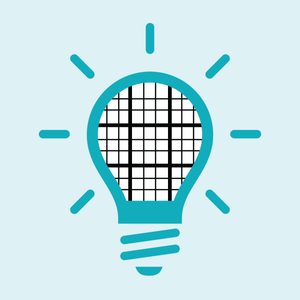 Lightbulb icon represents ideas, featuring grid pattern inside, surrounded by radiating lines, set against a light blue background.