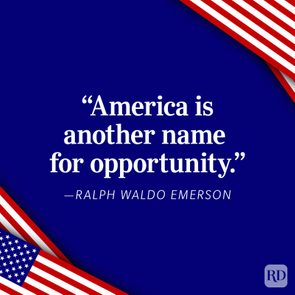 Text displays quote by Ralph Waldo Emerson about America, surrounded by red, white, and blue decorative flags on a blue background.