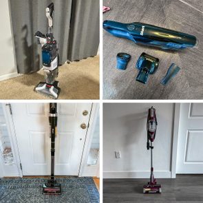 Four vacuum cleaners are displayed against different home settings: standing on carpet, disassembled on a table, positioned by a door, and resting on wood floors.