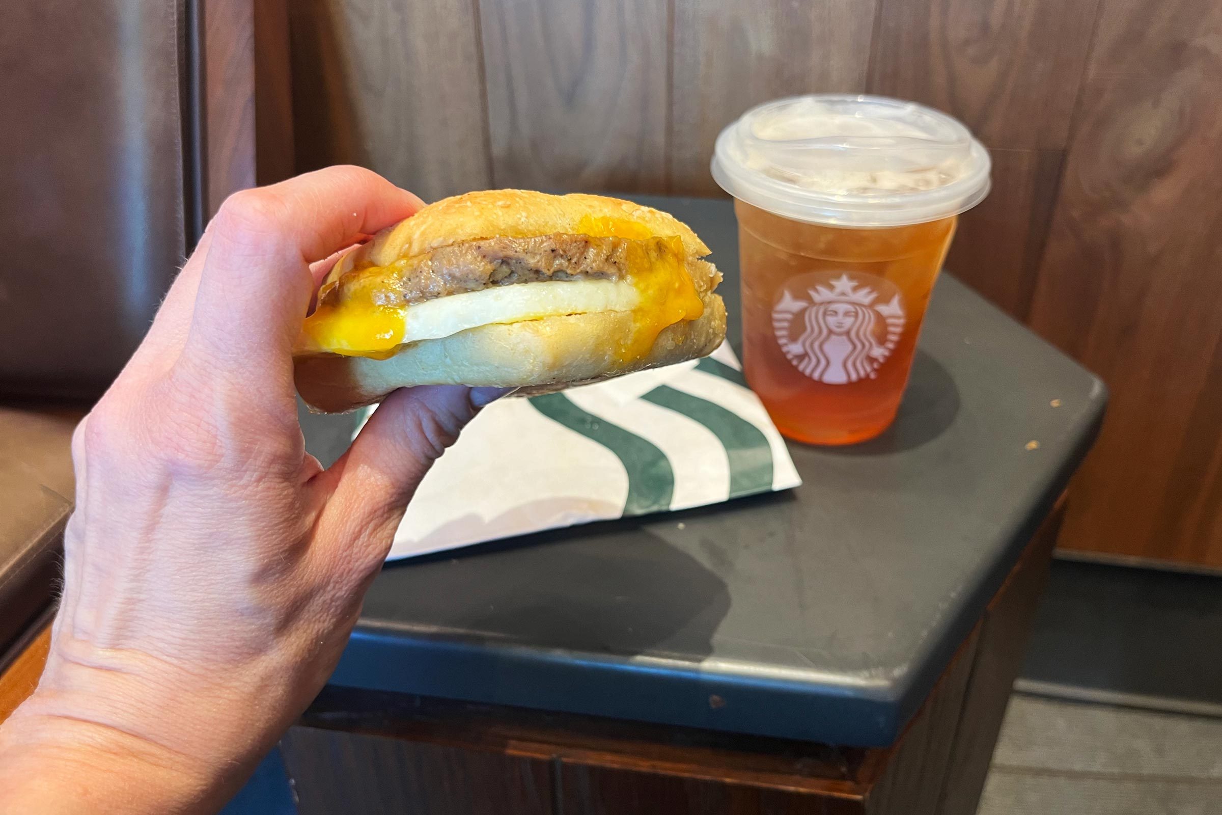 breakfast sandwich from starbucks with tea