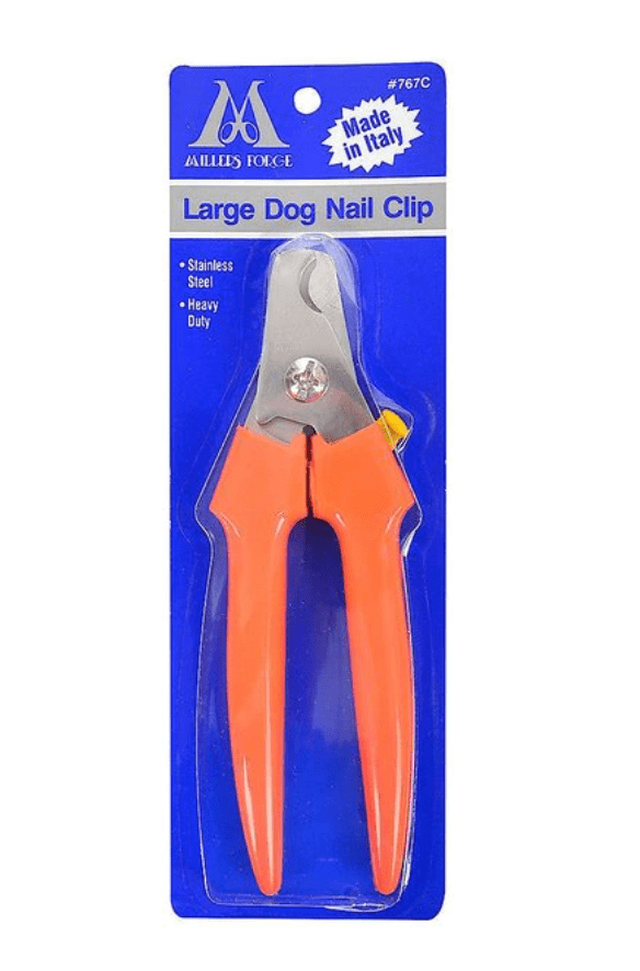 Nail clippers feature orange handles, displayed on blue packaging, labeled 