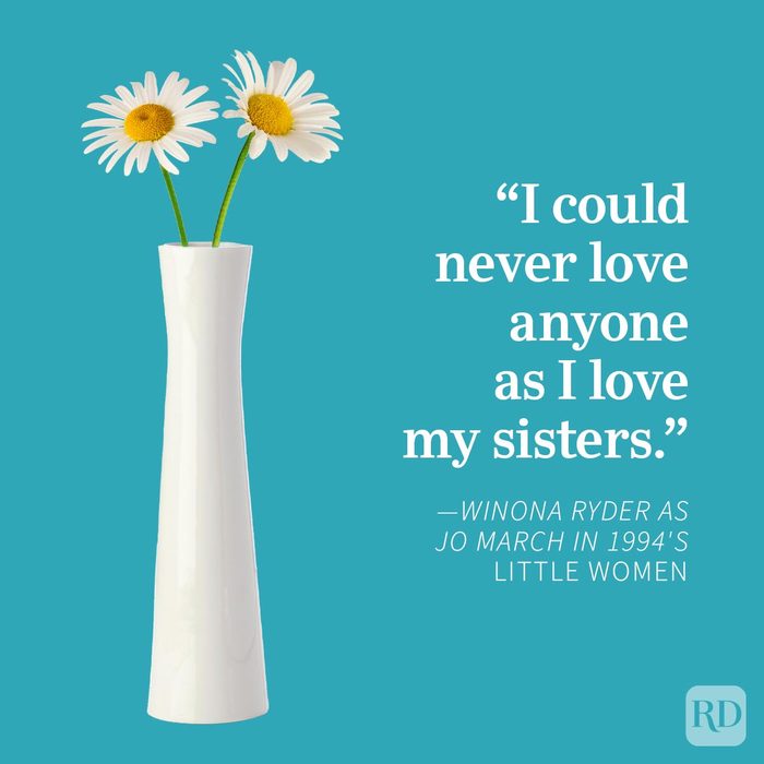 Two daisies stand in a tall white vase against a teal background with text about sisterly love from "Little Women."