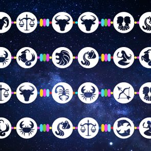 Zodiac signs are arranged in circles with colorful connectors, set against a starry night sky.