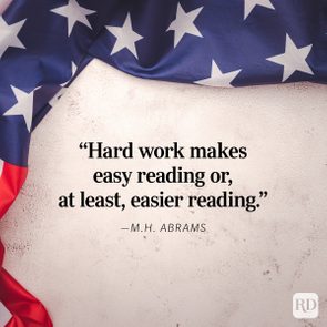 Quote appears on textured background, with flag featuring stars and stripes draped above. Text reads: 
