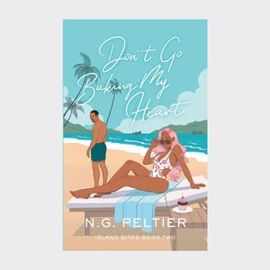 Woman relaxes on sunbed; man stands nearby on a tropical beach with palm trees and ocean. Text: 
