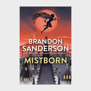 Silhouette leaps over rooftops against an orange sky with a large moon. Text reads 