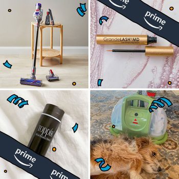 Vacuum stands on wooden floor beside table. Eyelash serum lays open against textured surface. Hair fiber bottle rests on cloth. Carpet cleaner sits beside dog.