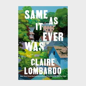Colorful houses sit surrounded by lush trees; large text overlays read 