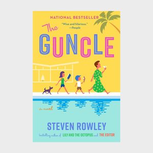 A person in a floral robe walks by a pool with two children and a dog. Bright yellow background, palm trees visible. Text: 