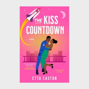 A couple embraces beneath a flying rocket on a pink book cover, surrounded by city buildings. The text reads 