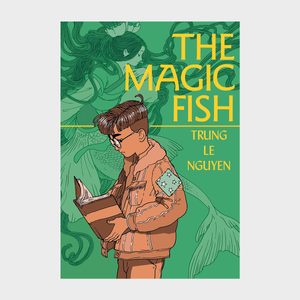 Boy reads book, surrounded by mermaids, on a green background. Title: 