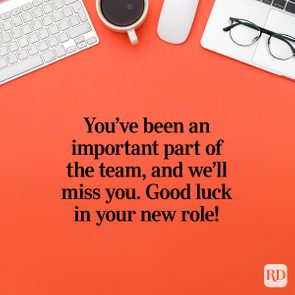 Text displays farewell message on orange background. Surrounding items include a coffee cup, keyboard, glasses, and a corner of a computer.