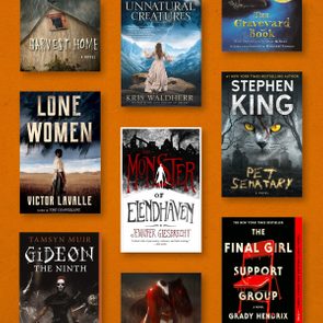 Nine horror book covers are arranged on an orange background, featuring eerie imagery and titles like 