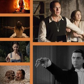Collage of horror scenes: dramatic confrontations, tense expressions, classic vampire gesture, and eerie environments. Each image evokes suspense and fear in contrasting settings.
