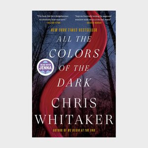Book cover shows a red swirl with trees at night. Title: 