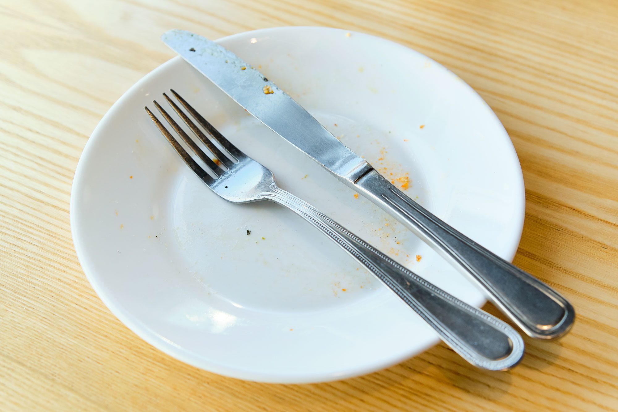 Dirty Plate Fork And Knife On The Wooden Table