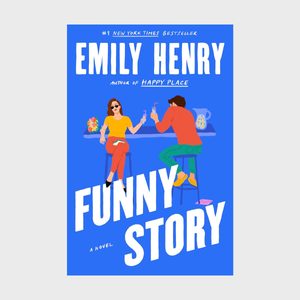 Two people sit on stools, talking and holding drinks in a vibrant setting. The book title is 