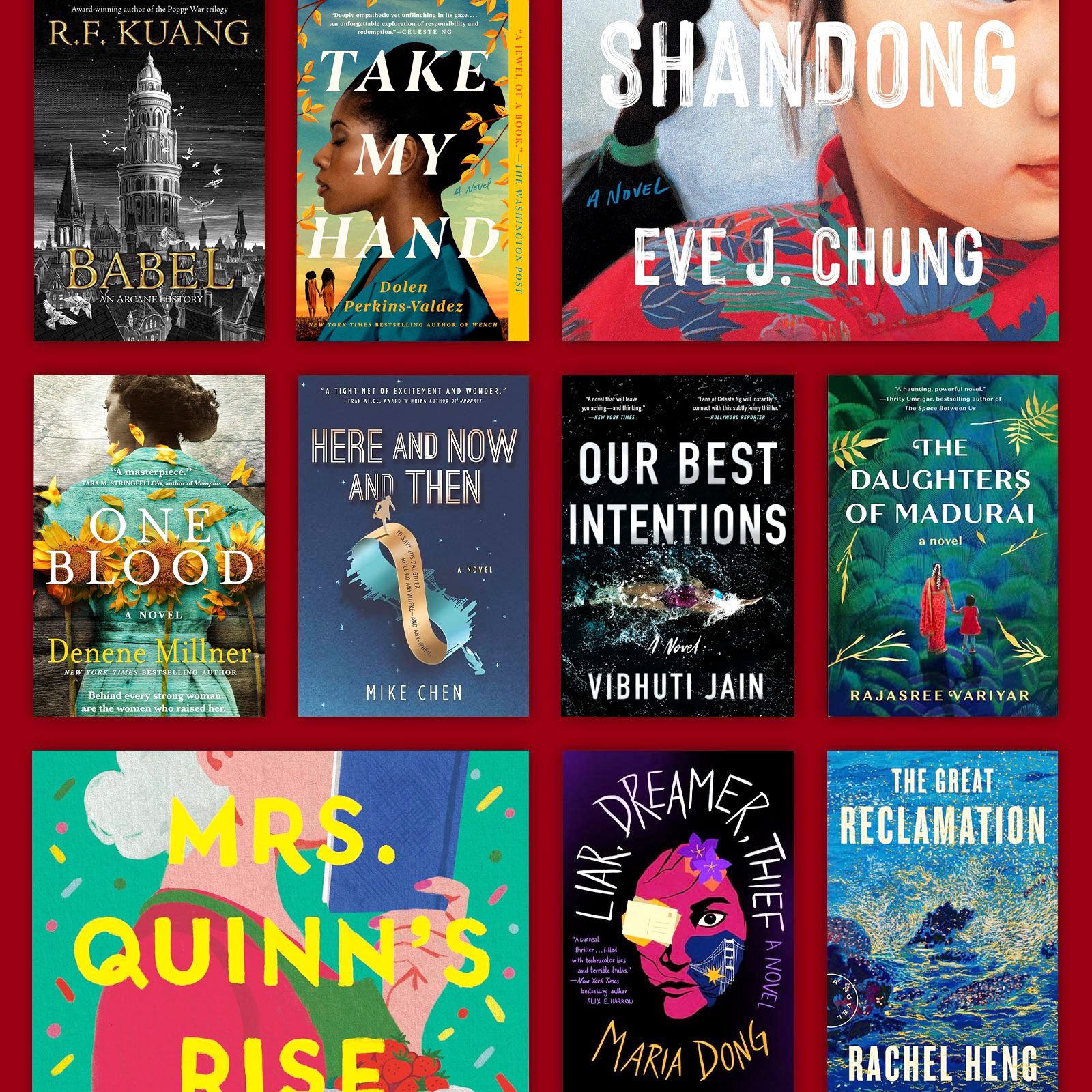 Nine book covers are arranged in a grid, each displaying titles and colorful, thematic artwork against a red background.
