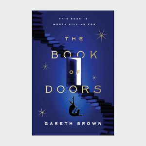 The book cover depicts a lit door amidst dark stairs with stars; text reads 