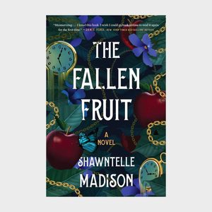 Book cover depicts red apples surrounded by green leaves, gold chains, blue butterflies, and pocket watches. Title: 