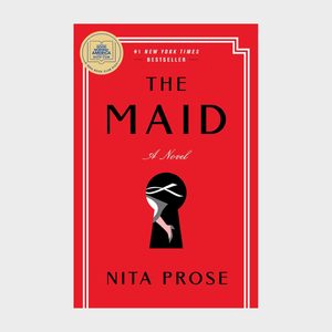 Book cover features a black keyhole silhouette revealing a maid's figure, set against a bold red background with white border accents.