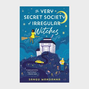 A witch rides a broom over a whimsical house; a person and car below. Starry night background features text: 