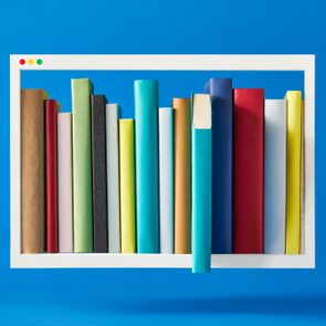 Books stand inside a digital browser frame against a solid blue background, creating an illusion of a virtual bookshelf.